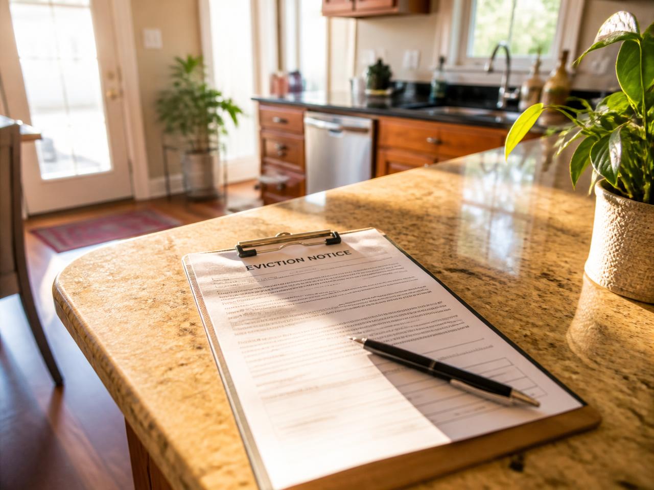 Printed notice on a clipboard with a pen on a sunlit kitchen counter