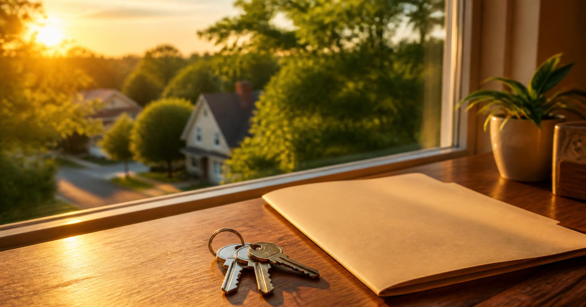 House keys and a property file on a sunlit desk at golden hour