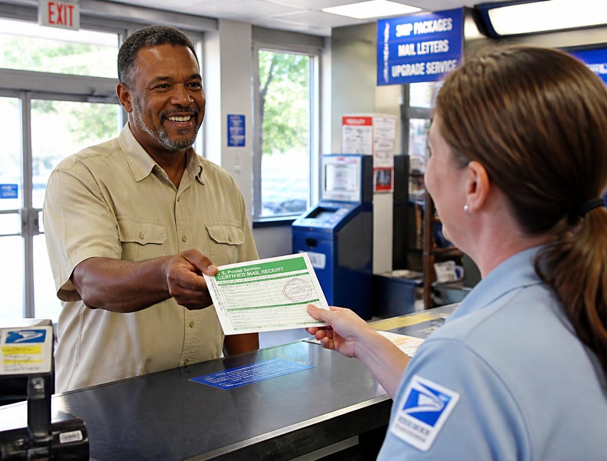 Landlord handing a certified mail receipt across a post office counter