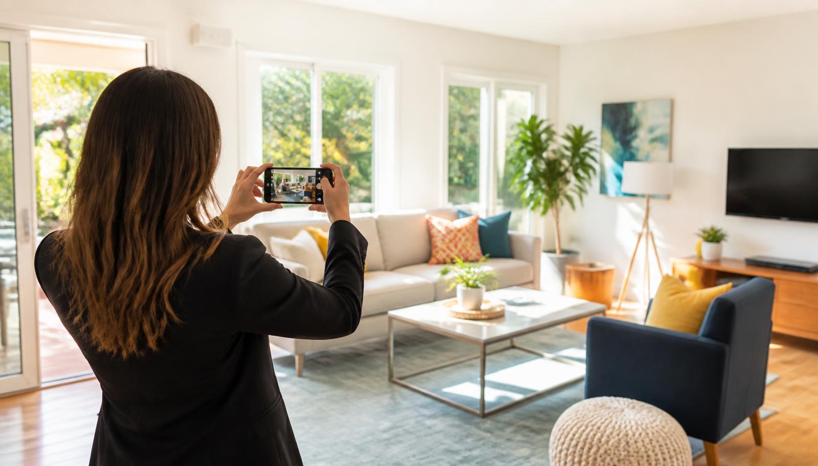 Agent photographing a bright, colourfully staged living room for a new listing
