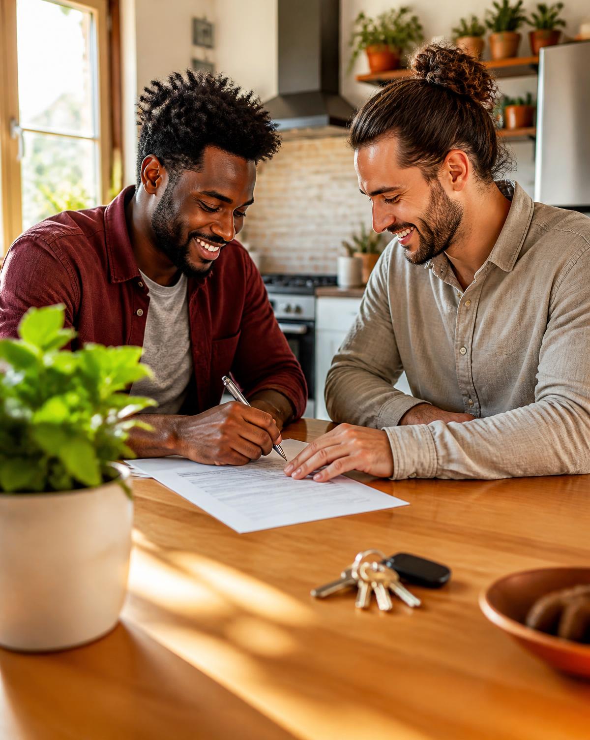Landlord and tenant signing a lease at a sunlit kitchen counter with keys on the table