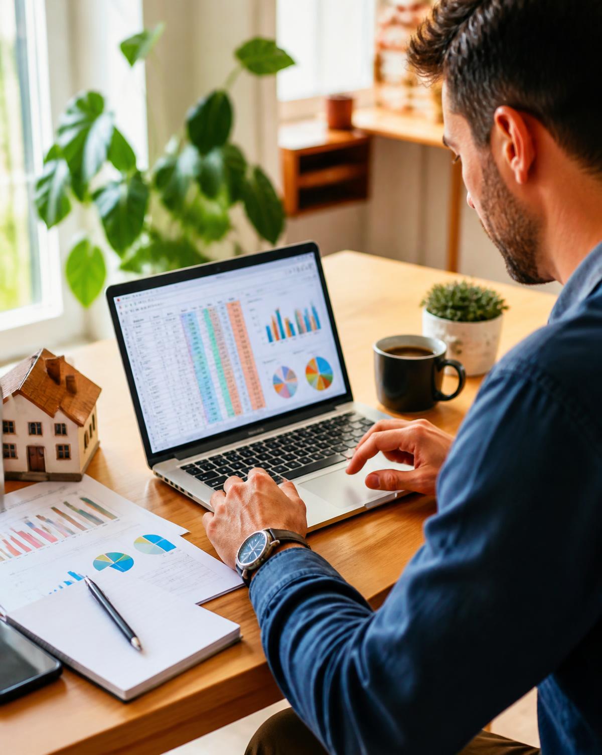 Investor reviewing colourful rental cash-flow charts on a laptop beside a model house