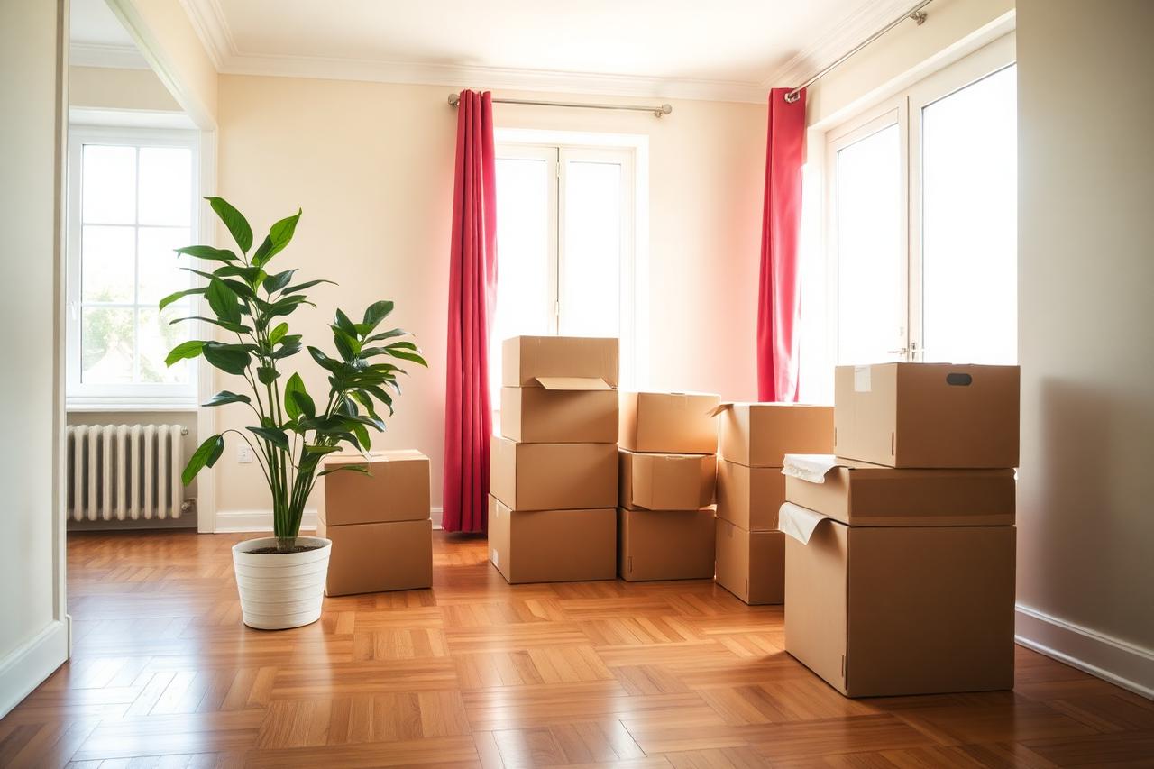 Moving boxes in a sunlit apartment