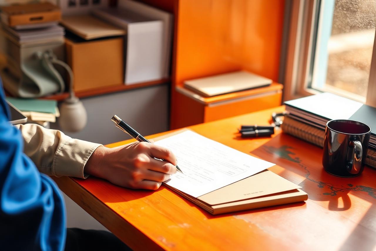 Writing a letter at a desk with a pen