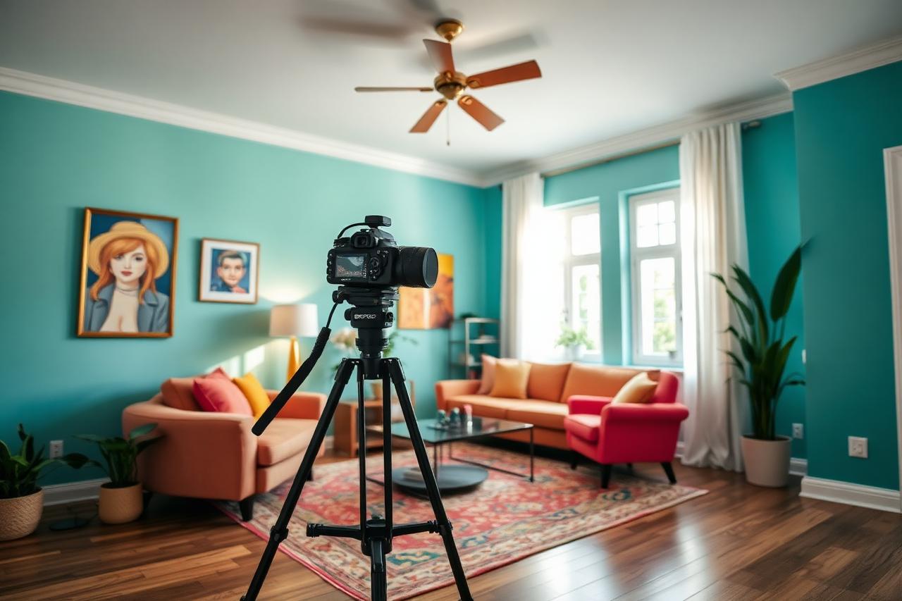 Camera on a tripod in a staged living room