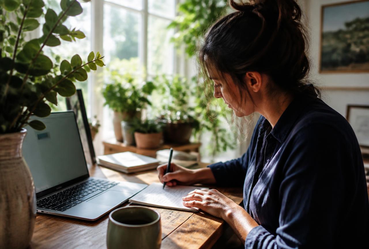 Woman writing at a laptop in a sunlit home office with plants