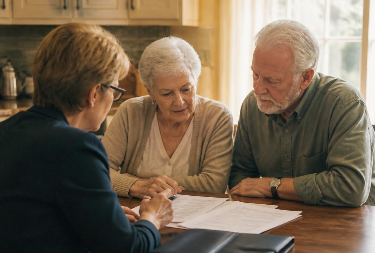 Older couple reviewing estate paperwork with an advisor at a kitchen table