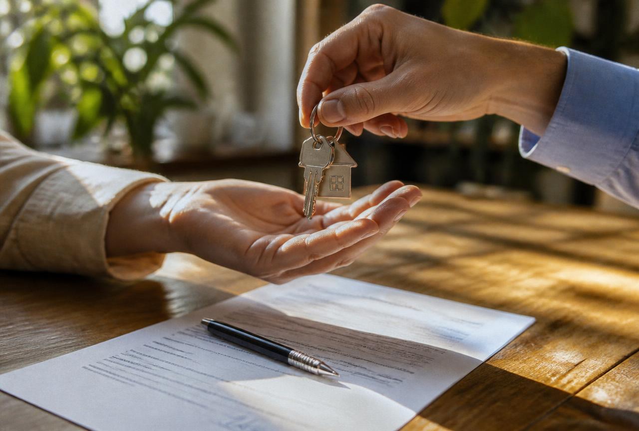Keys with a house keyring passed over a signed document