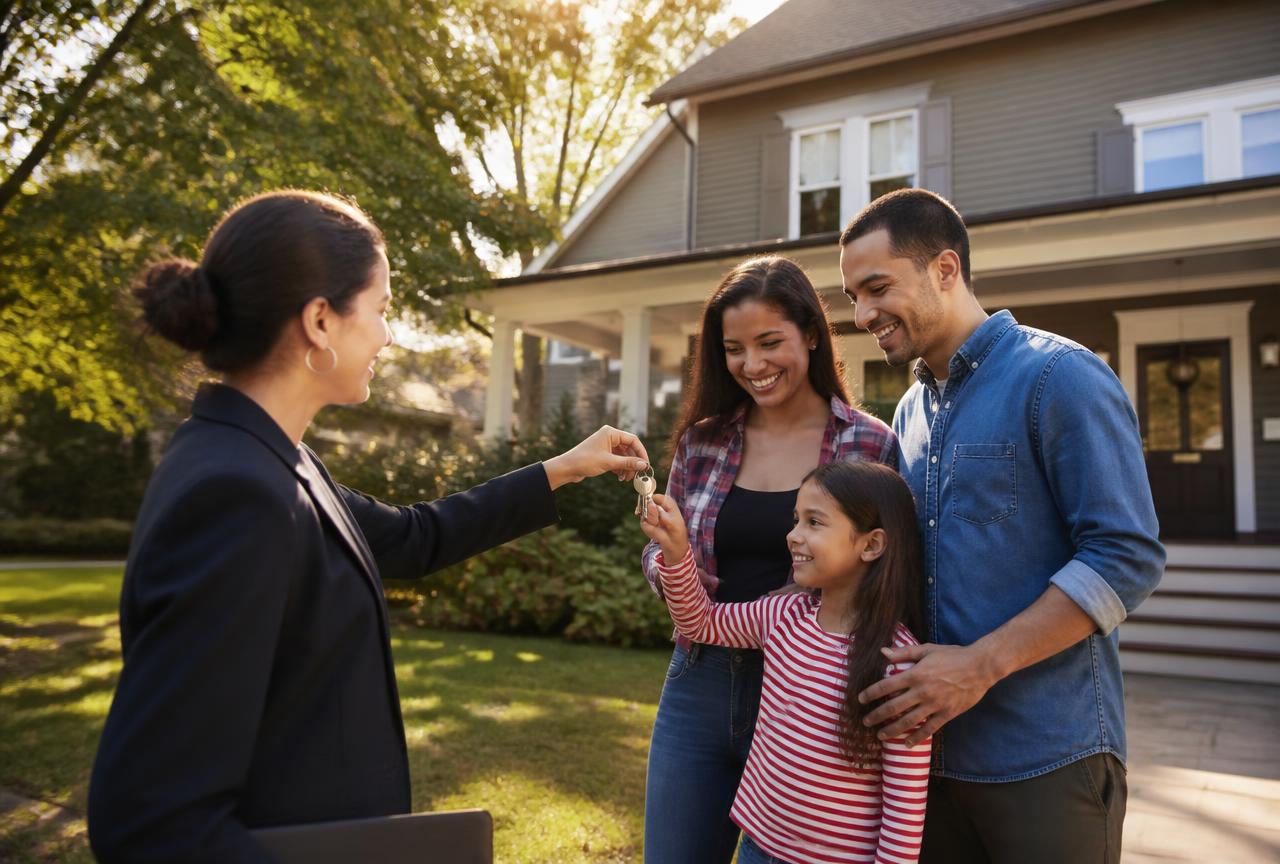 Agent handing keys to a smiling family outside their new home