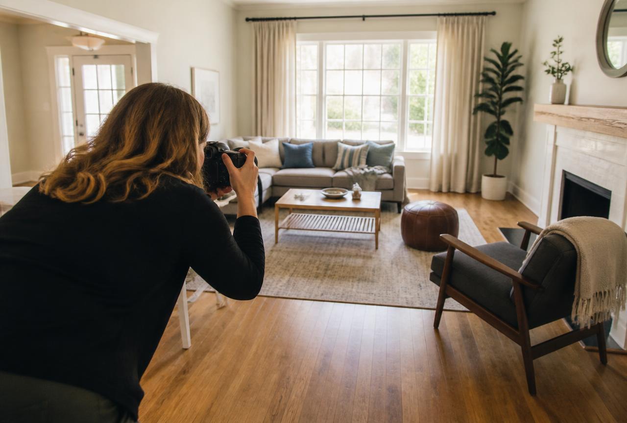 Agent photographing a bright staged living room for a listing