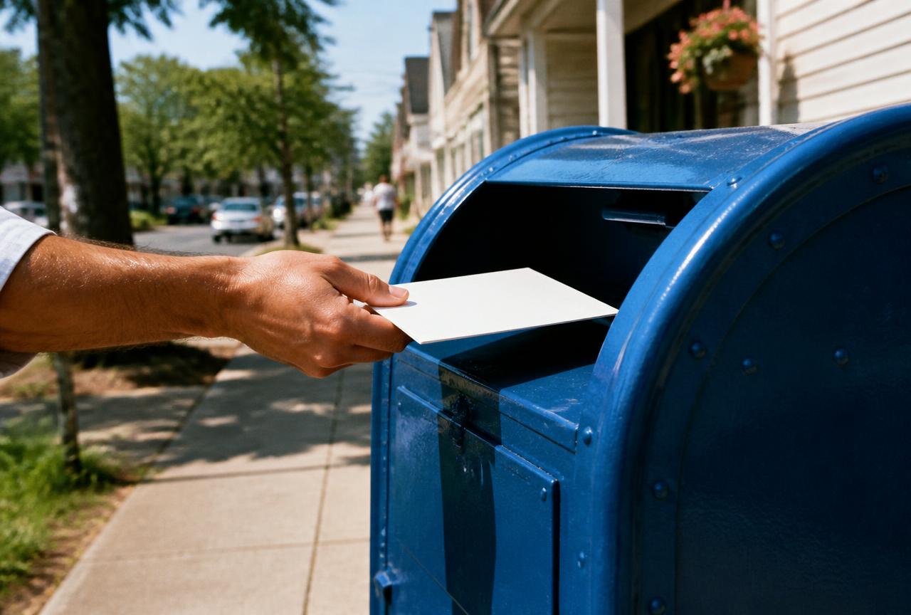 Hand dropping an envelope into a blue mail collection box