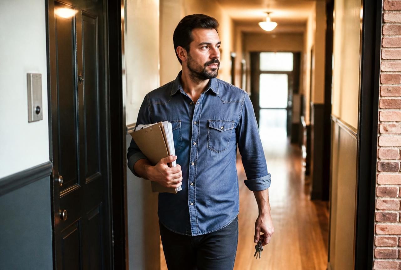 Property manager walking an apartment hallway with a clipboard and keys