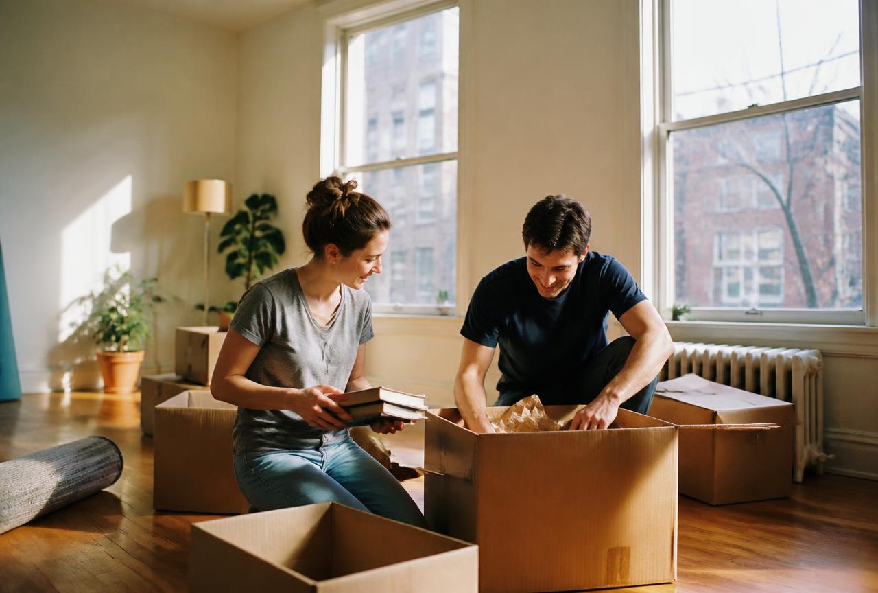 Couple unpacking boxes in a sunny apartment with tall windows