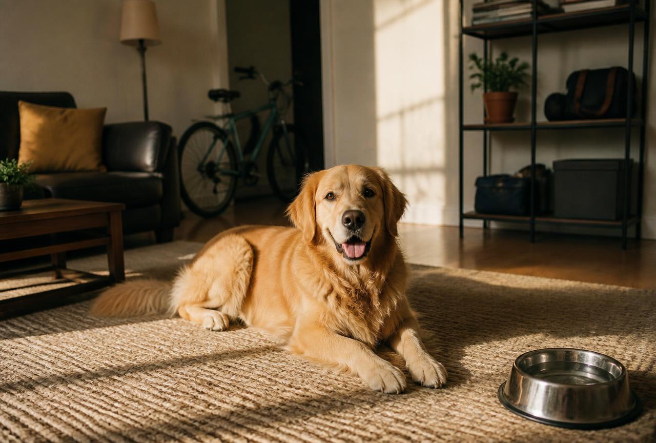 Golden retriever on a rug in a sunlit rental living room