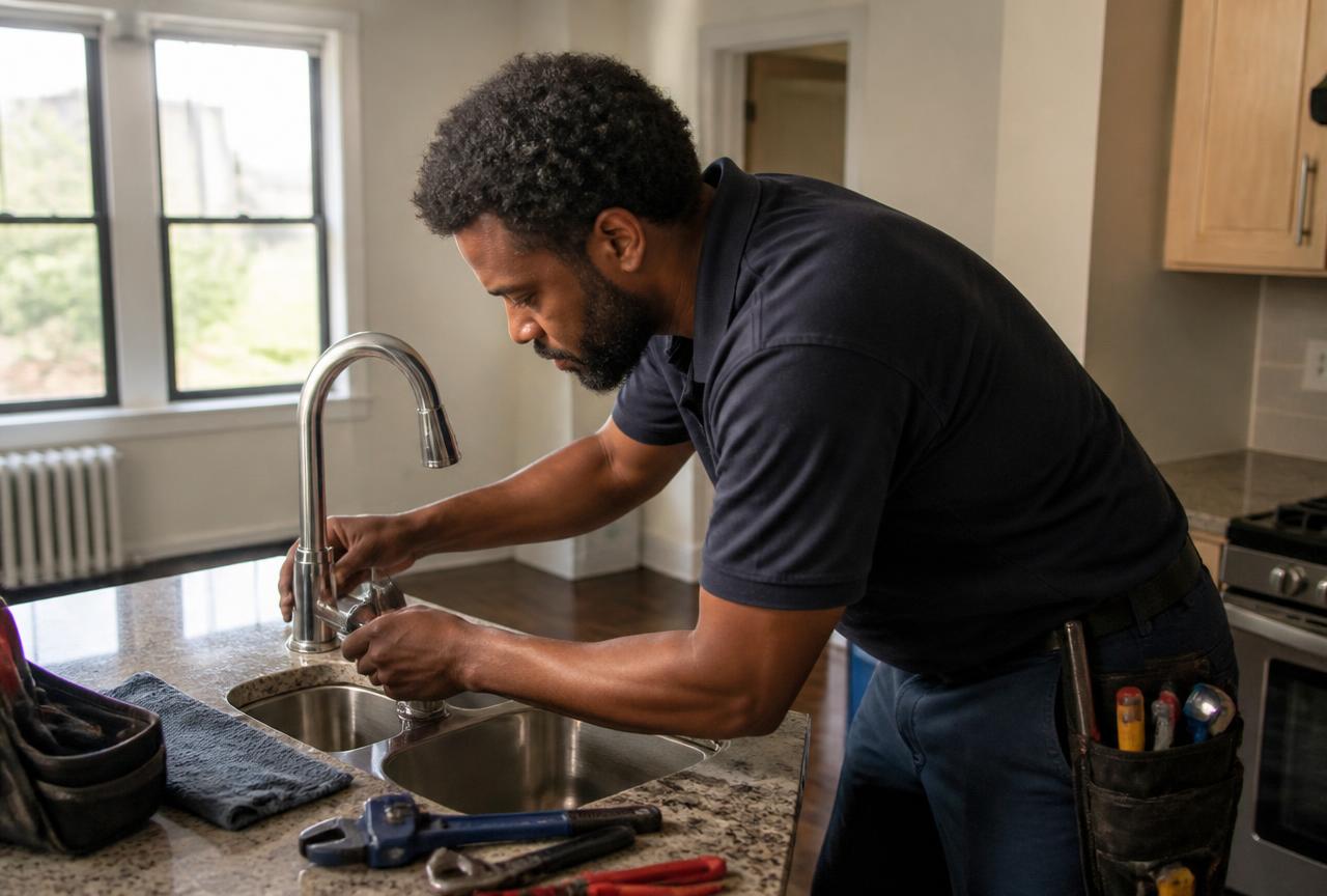 Technician repairing a kitchen faucet in a rental apartment