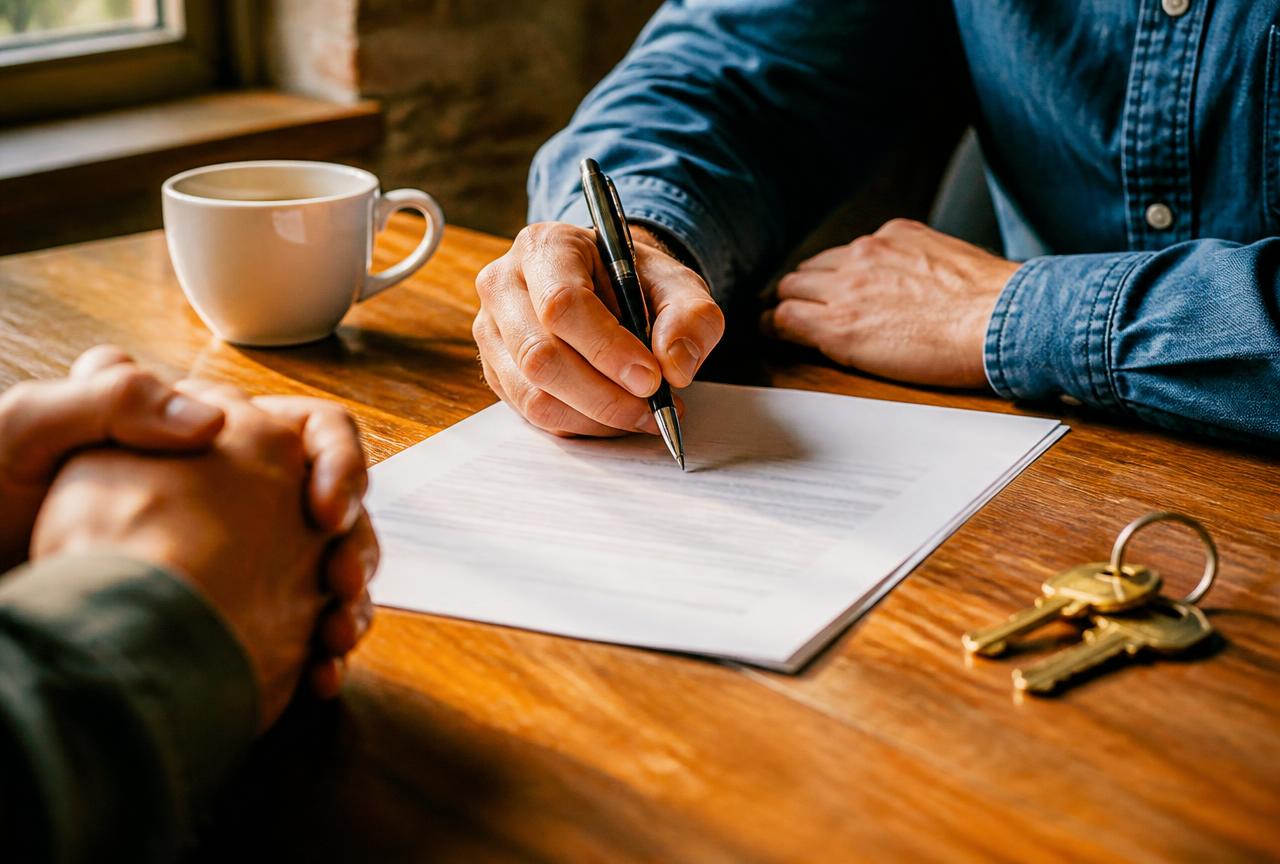 Hands signing a rental agreement beside coffee and brass keys