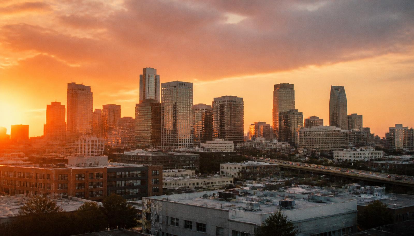 City skyline at golden hour with warm light on rooftops