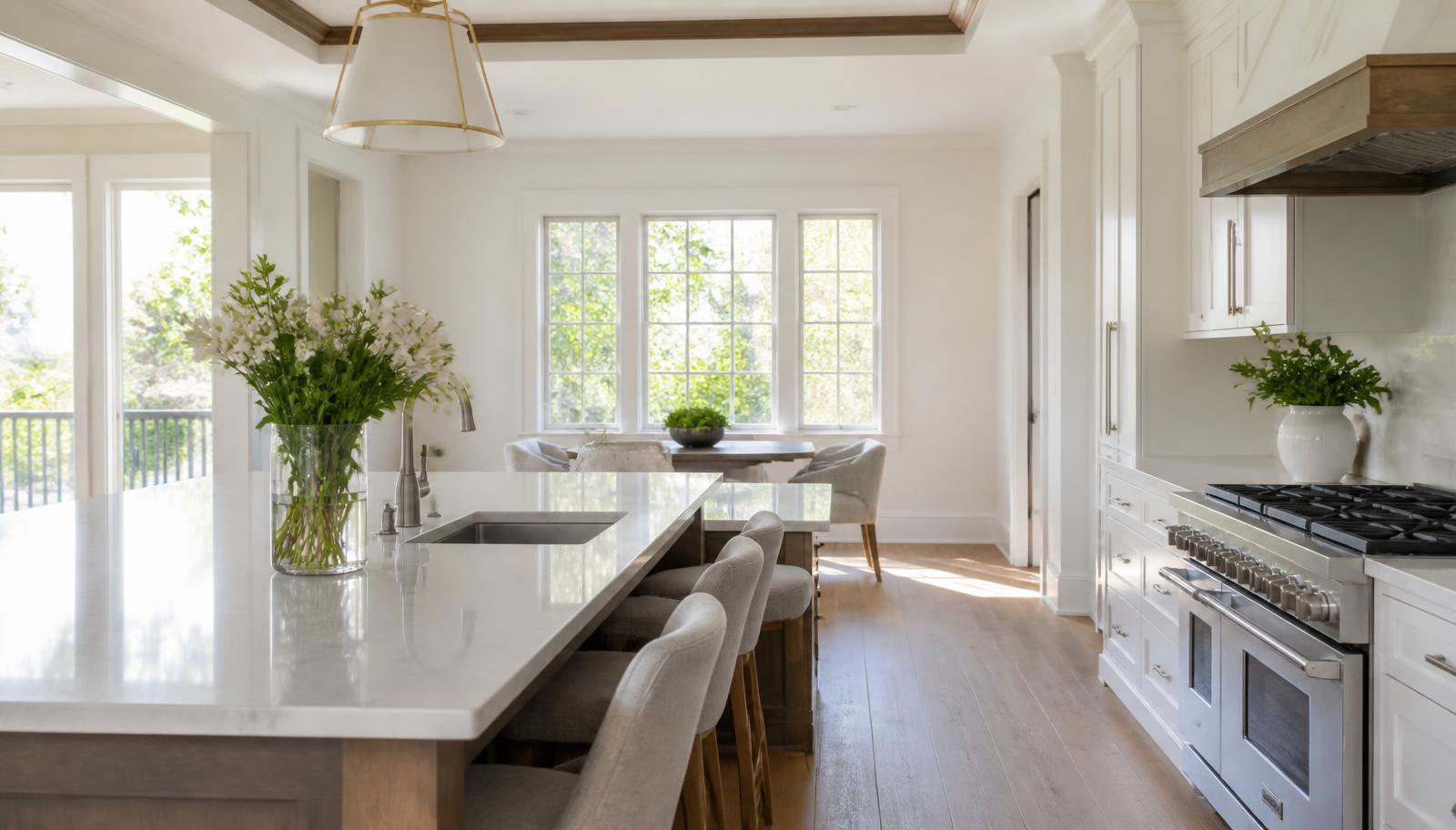 Bright staged kitchen with fresh flowers and morning light