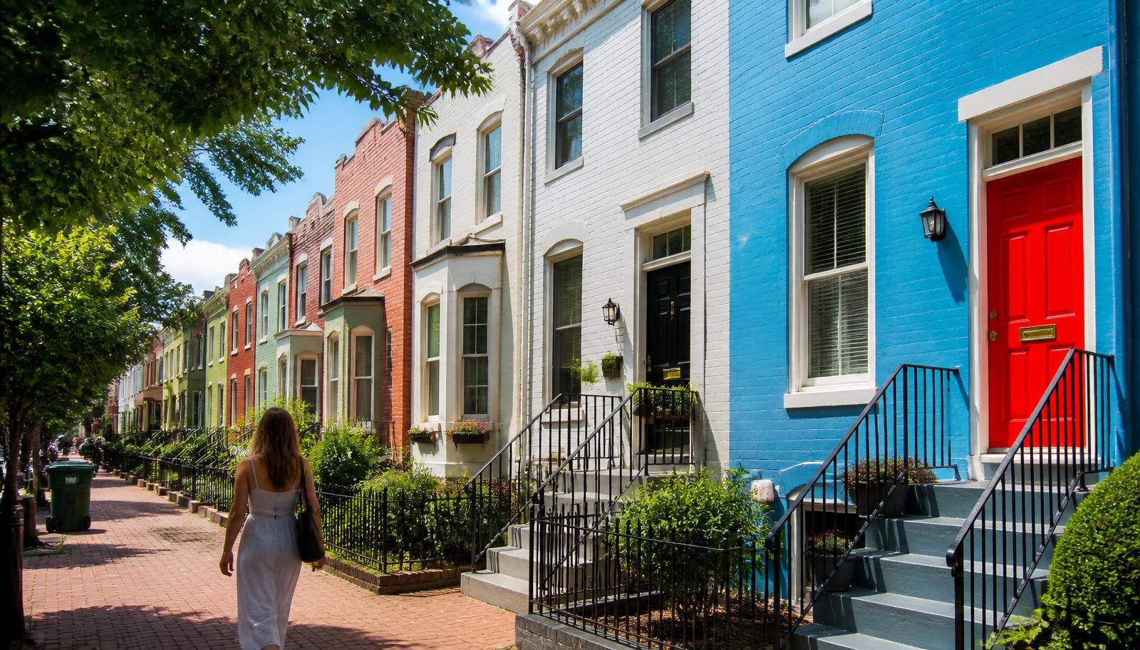 Row of colorful townhouses on a sunny street