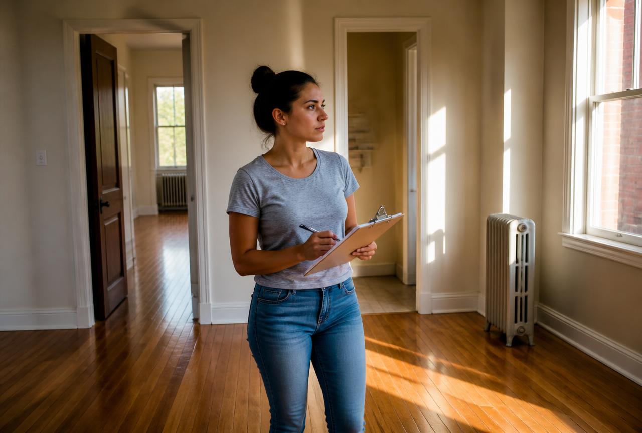 Tenant with a clipboard walking an empty sunlit apartment