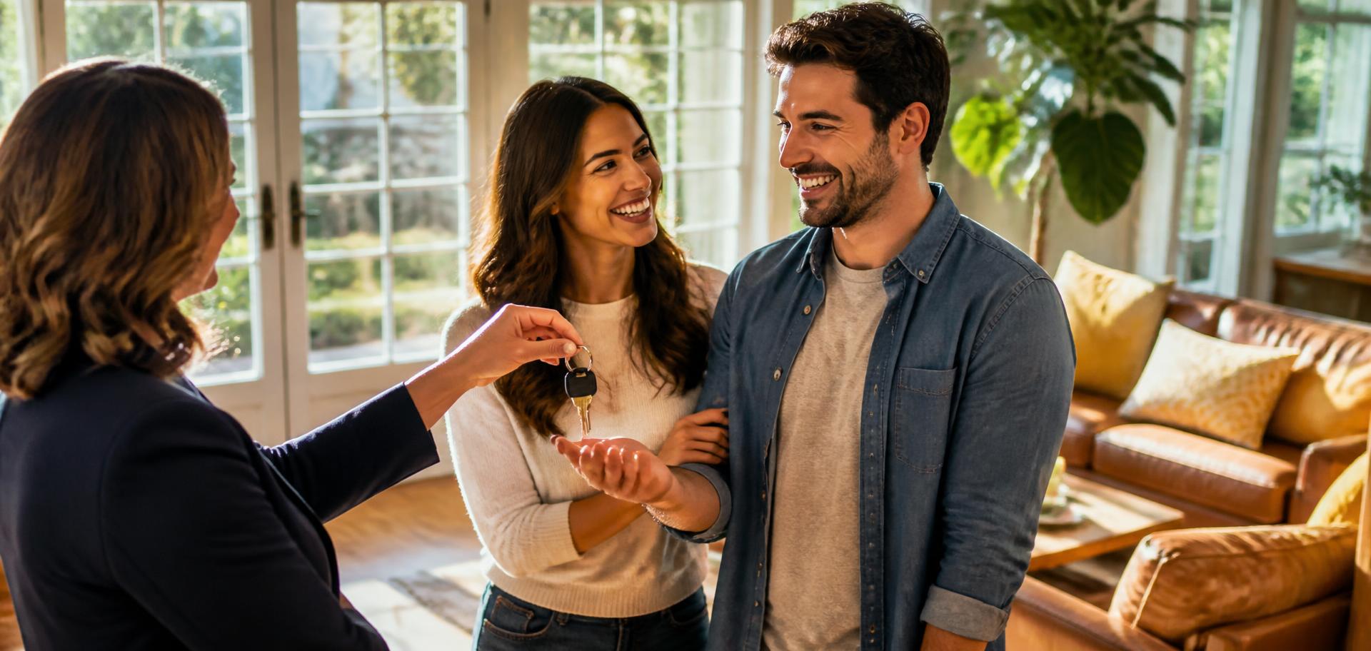Agent handing house keys to a delighted couple in a sunlit living room