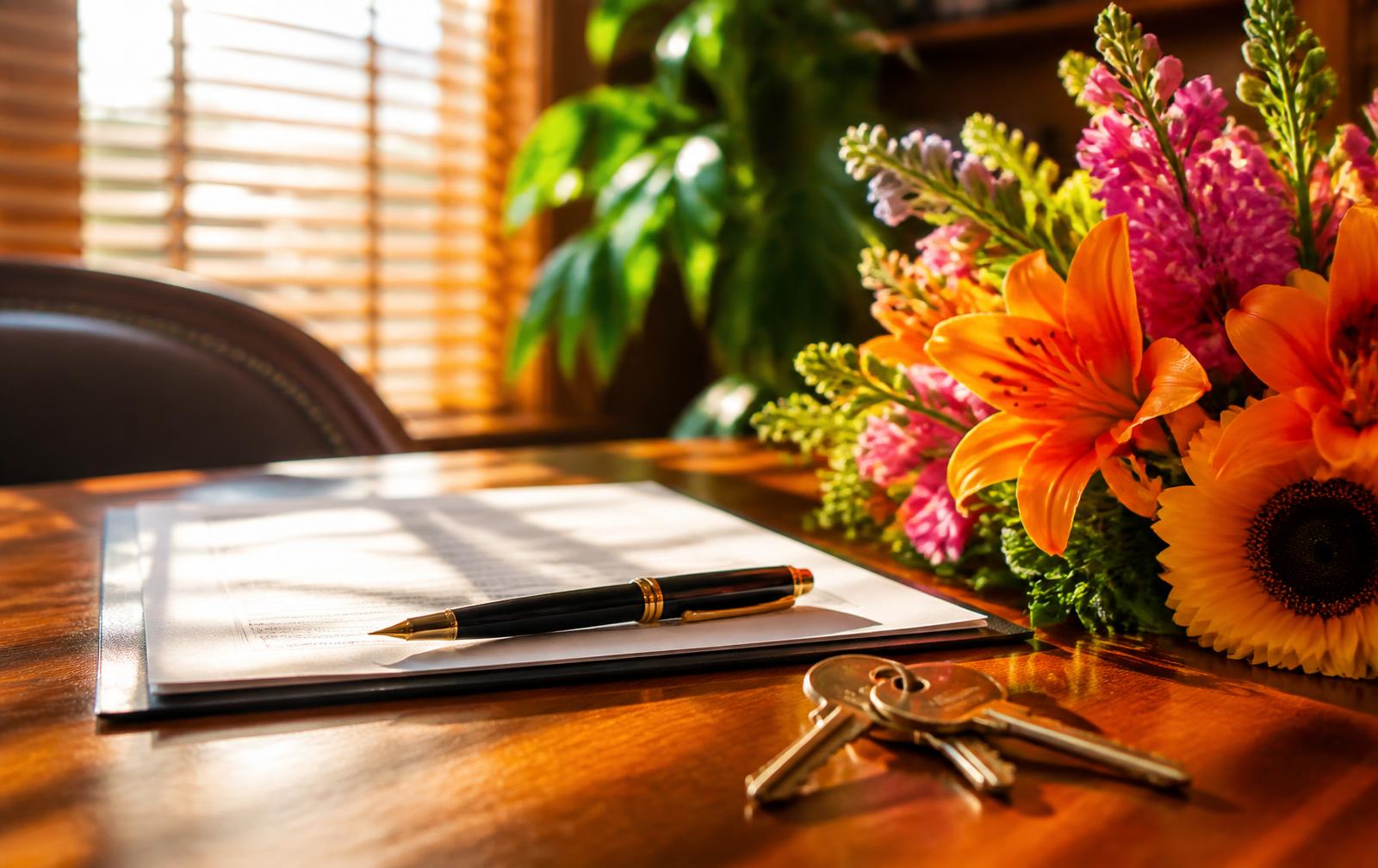 Signed purchase agreement with keys and bright flowers on a closing table