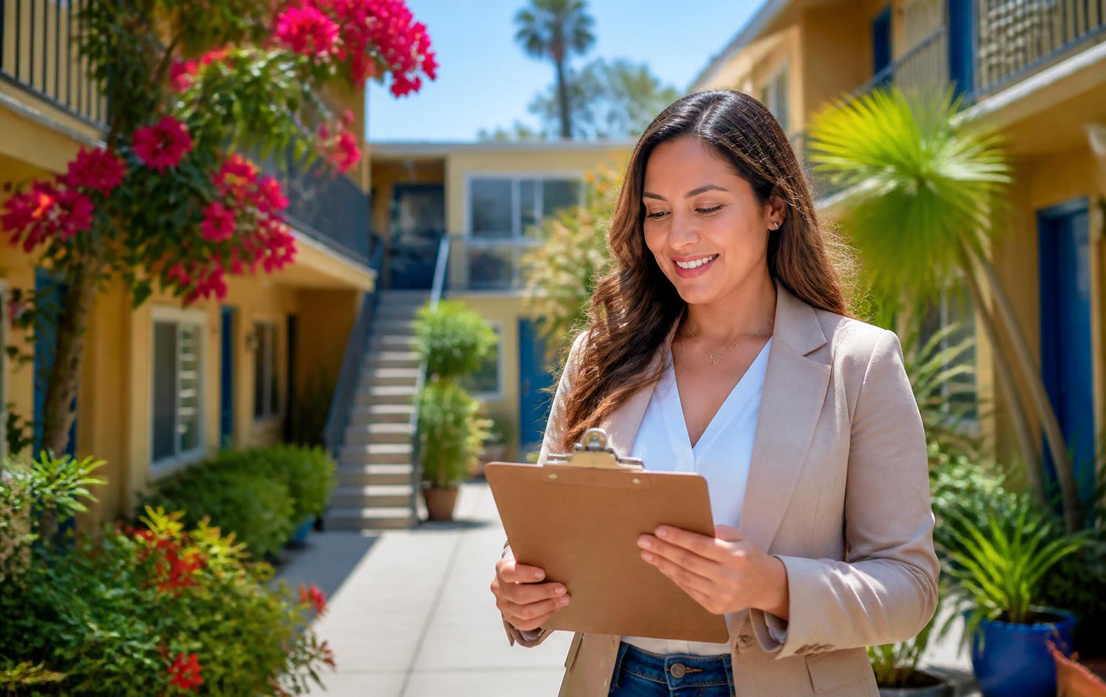Property manager reviewing tenant applications in a sunny apartment courtyard